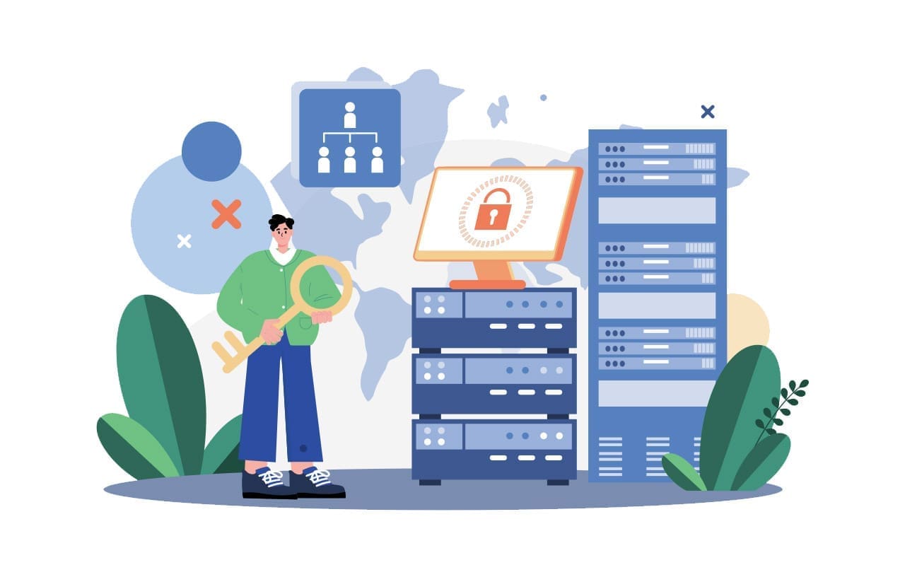 Illustration of a person holding a large key, standing next to server racks with a monitor displaying a padlock, indicating data security. Background includes abstract shapes and plant elements.